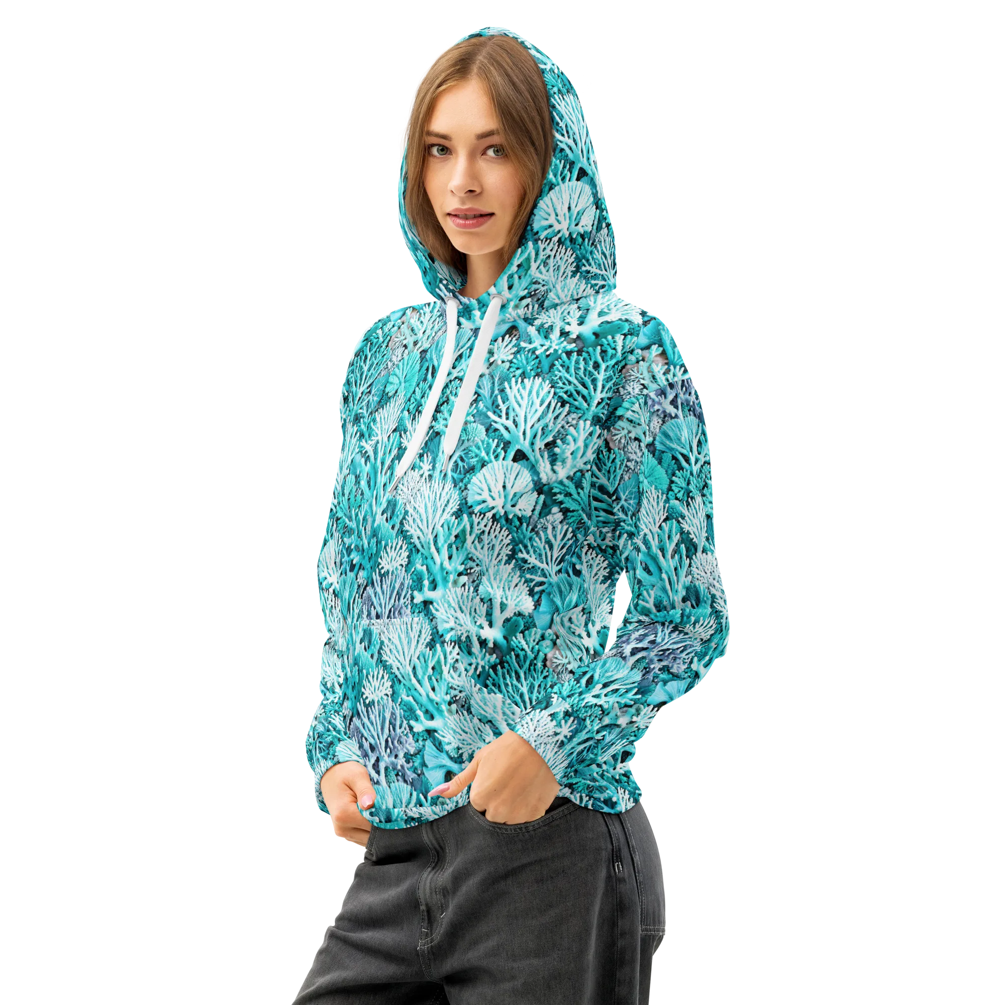 Aqua Coral Garden on Cotton Hoodie — Left Front
