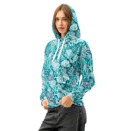 Aqua Coral Garden on a Cotton Hoodie