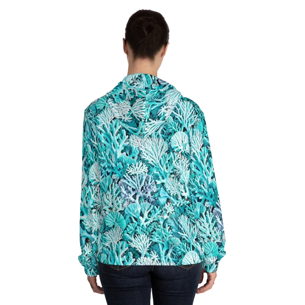 Aqua Coral Garden on Women's Full-Zip Hoodie — Back On Person