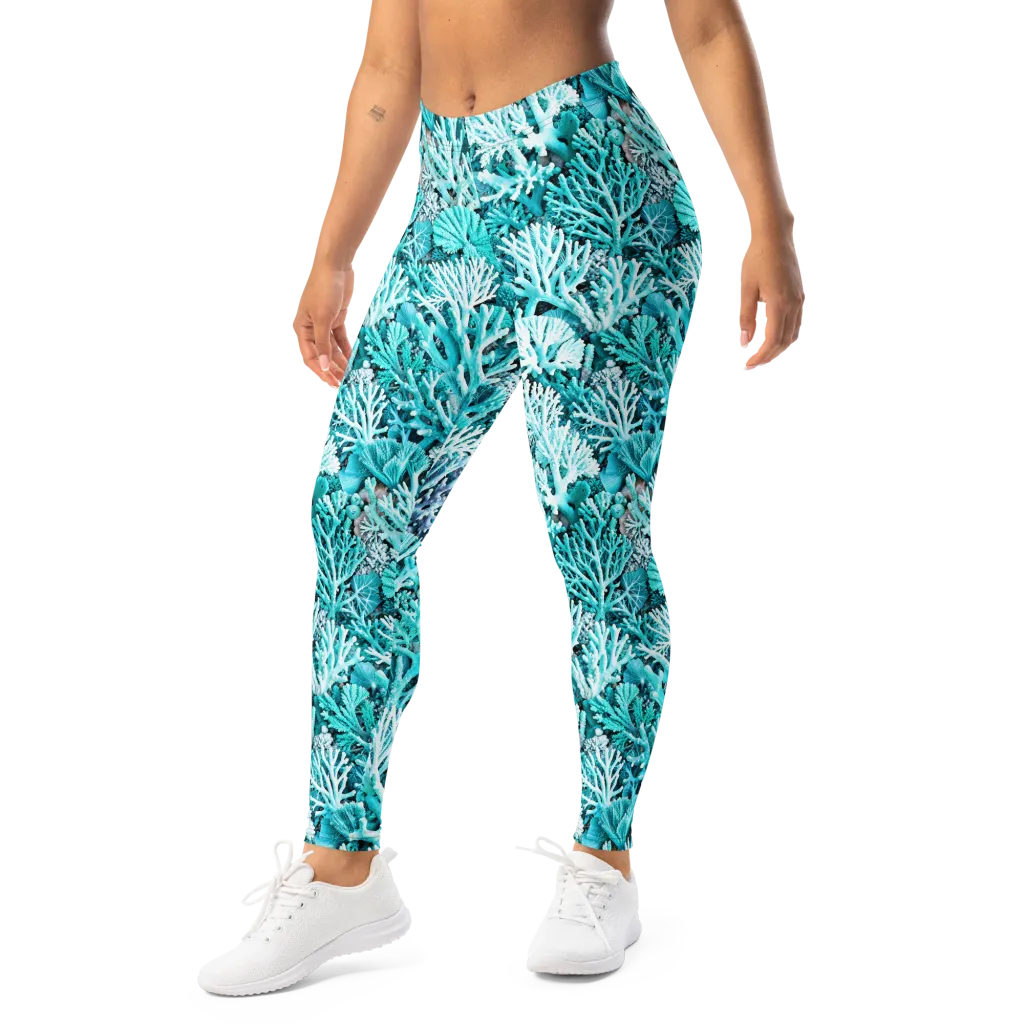 Aqua Coral Garden on Leggings — Left Front