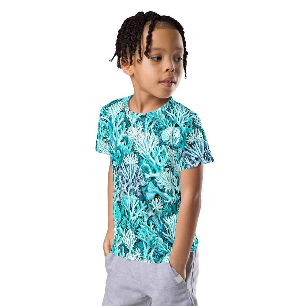 Aqua Coral Garden on Kids Crew Neck T-Shirt — Left Front