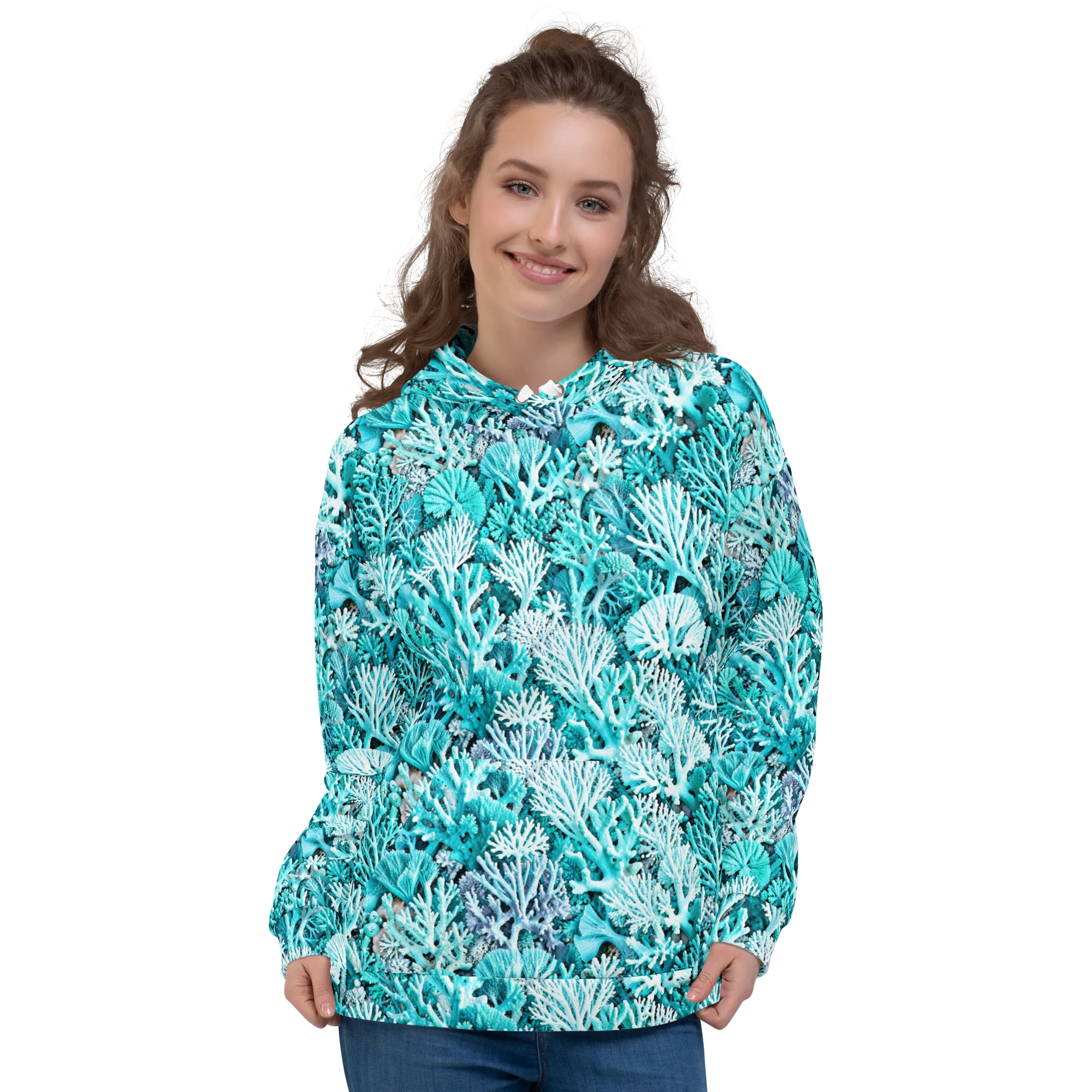 Aqua Coral Garden on Hoodie — Front