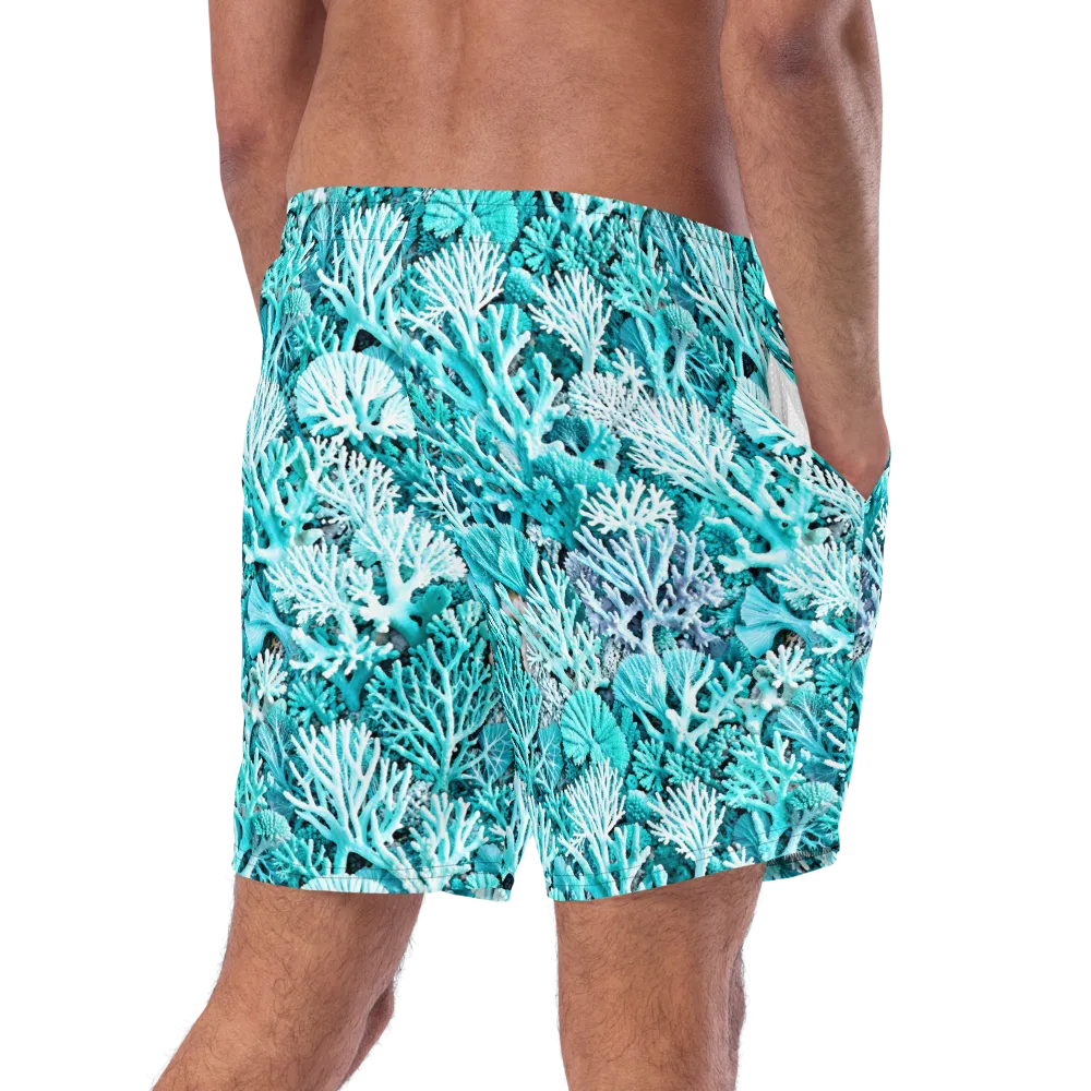 Aqua Coral Garden on Swim Trunks — Right Back