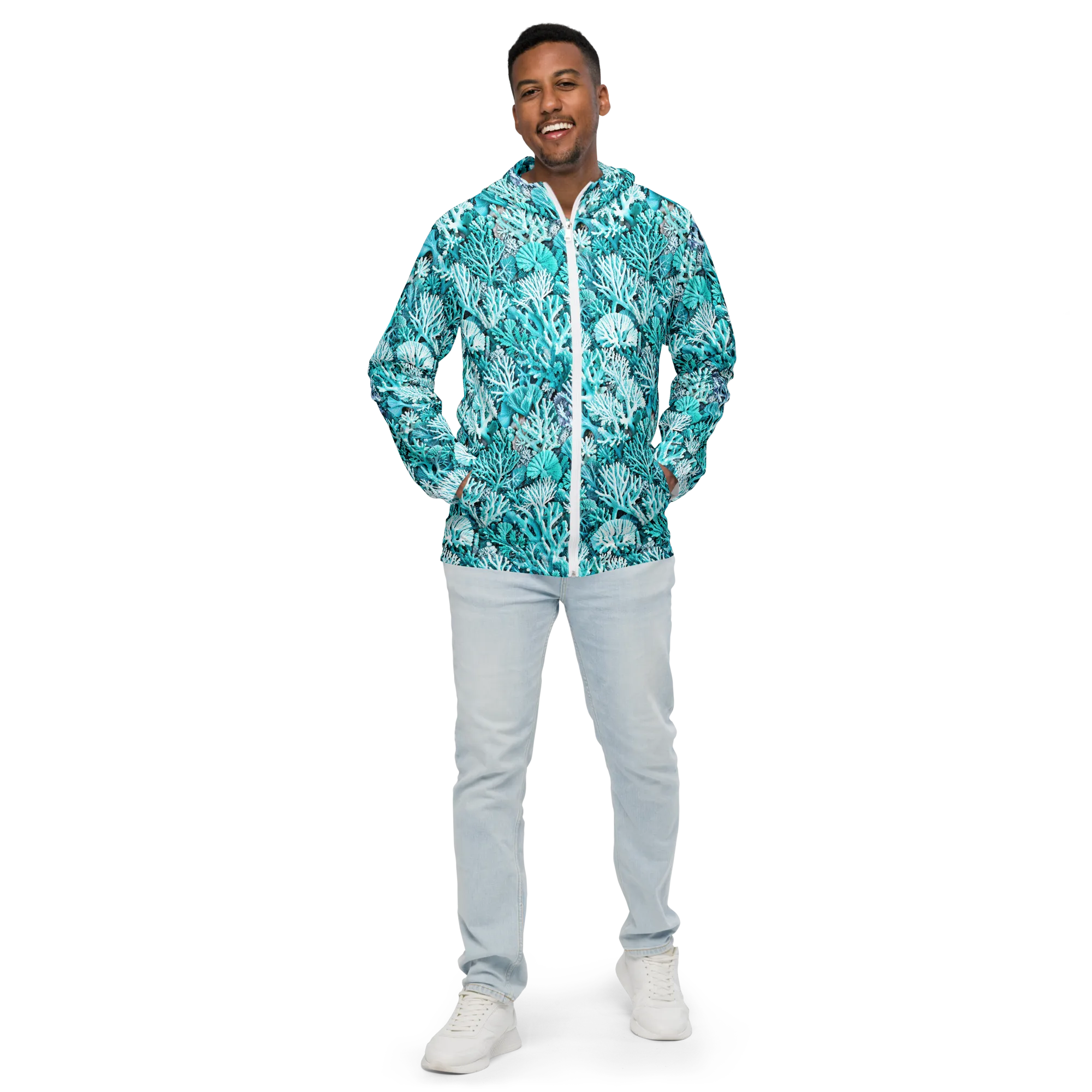 Aqua Coral Garden on Men's Windbreaker — Front