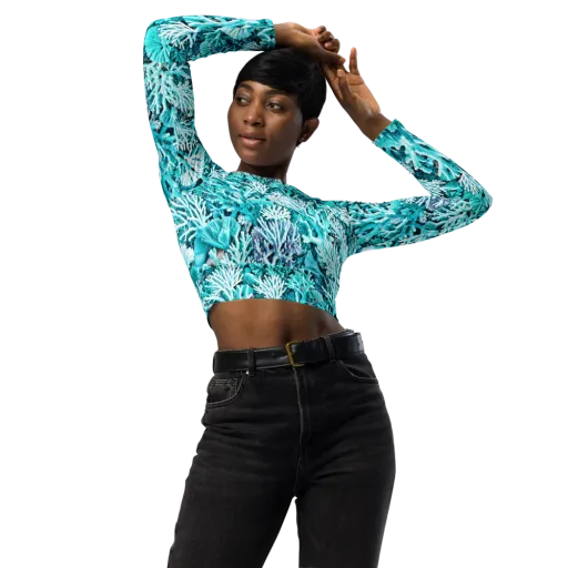 Aqua Coral Garden on a Long Sleeve Crop Top
