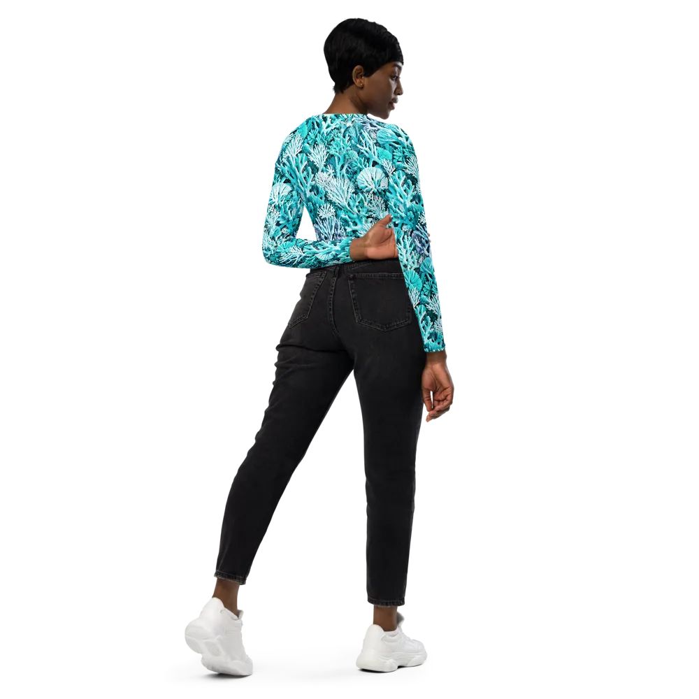 Aqua Coral Garden on Long Sleeve Crop Top — Right Back