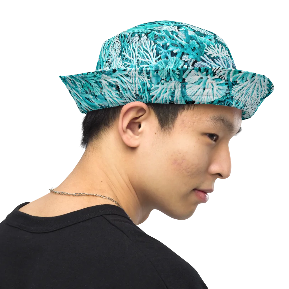 Aqua Coral Garden on Reversible Bucket Hat — Right Outside
