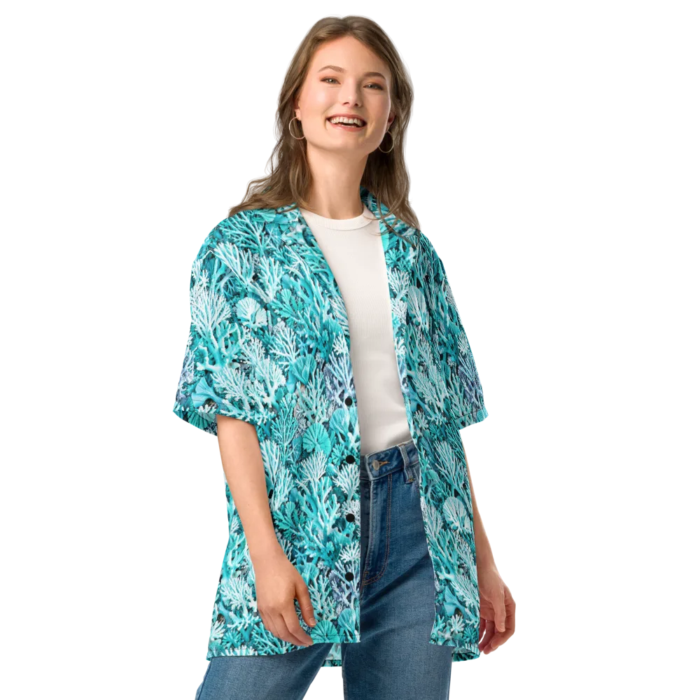 Aqua Coral Garden on Button Shirt — Front
