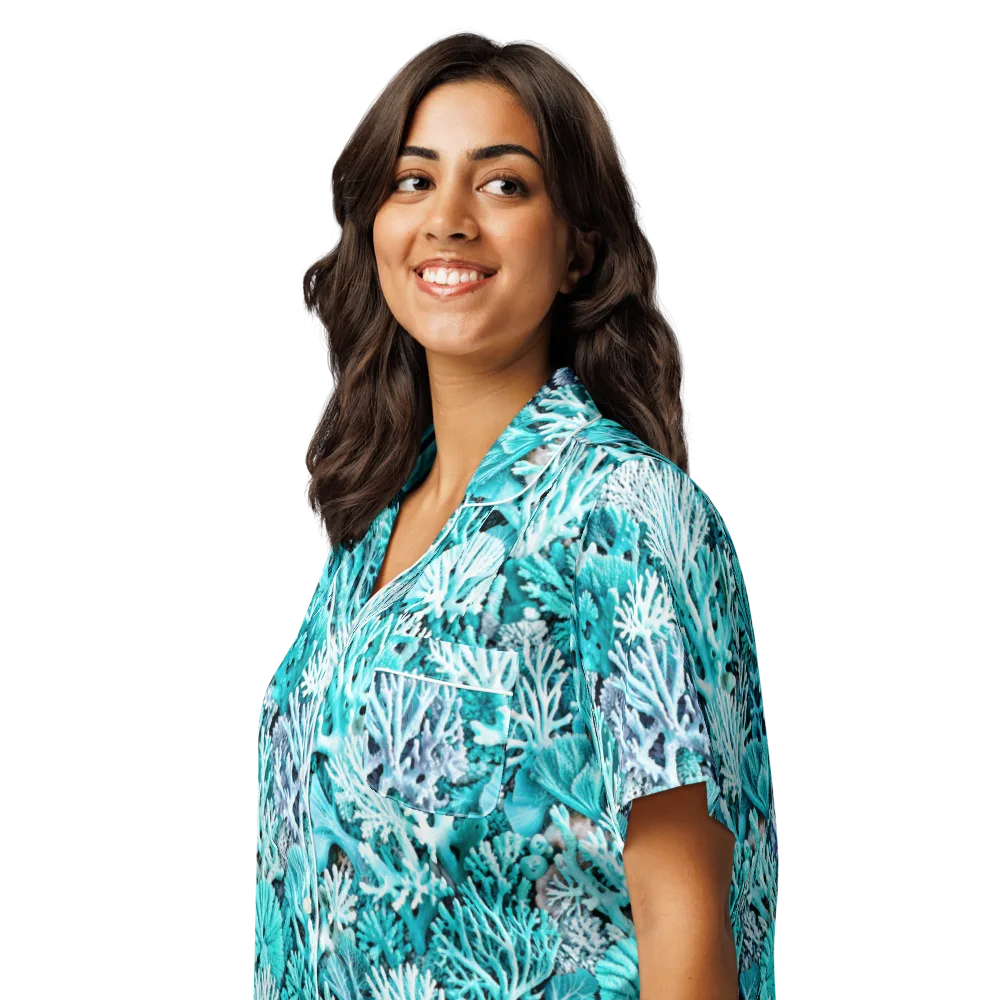 Aqua Coral Garden on Women's Short Sleeve Pajama Top — Left Front