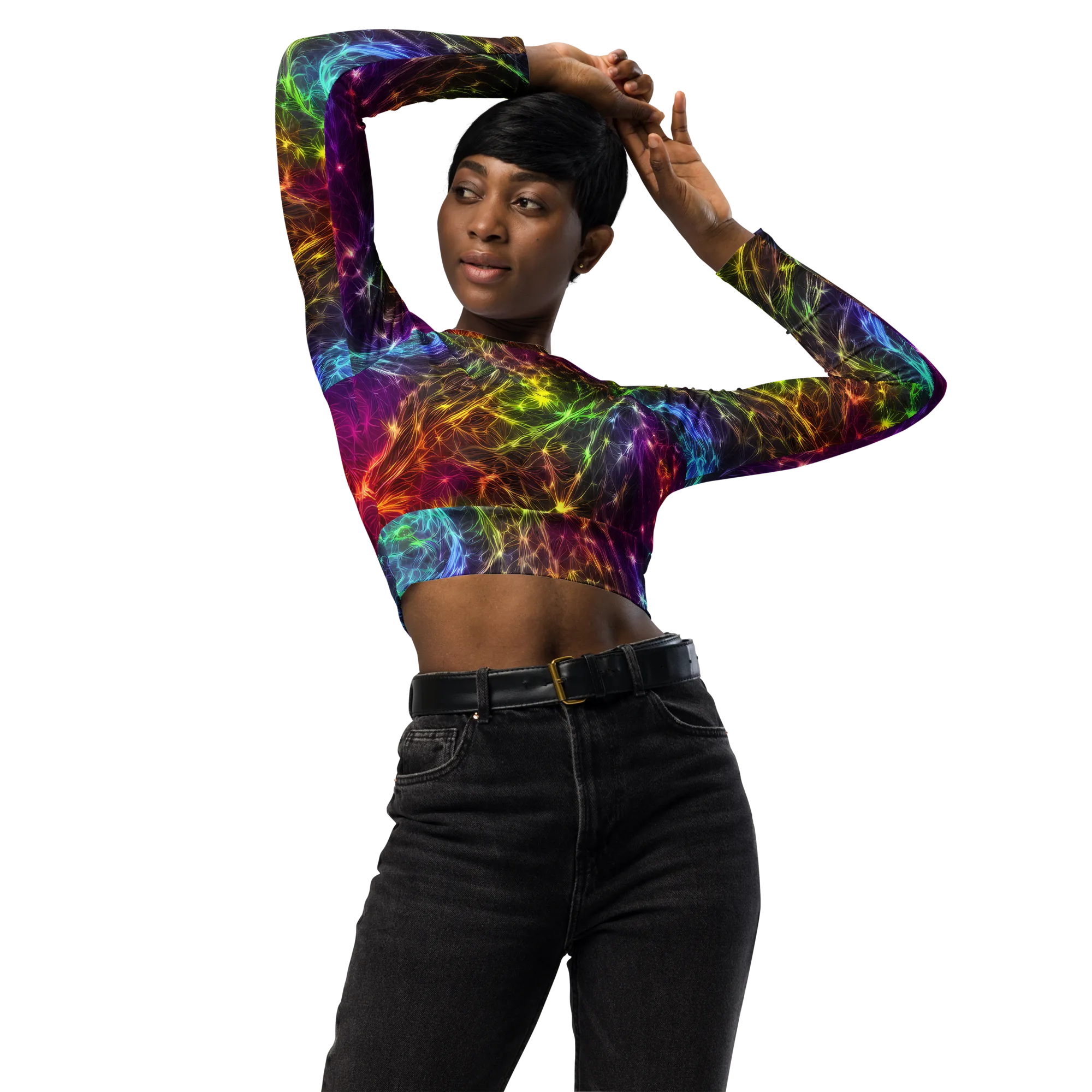 Cosmic Filaments on Long Sleeve Crop Top — Front