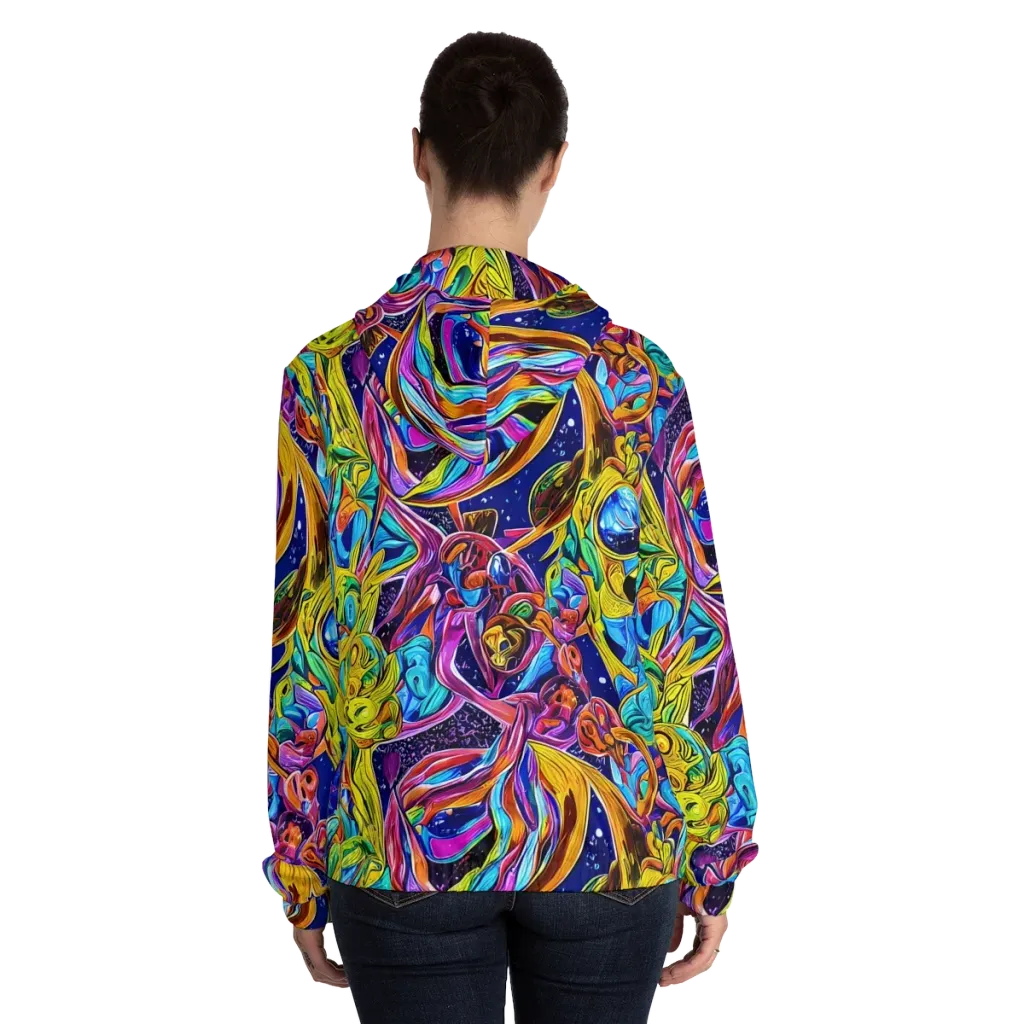 Electric Petal Storm on Women's Full-Zip Hoodie — Back On Person