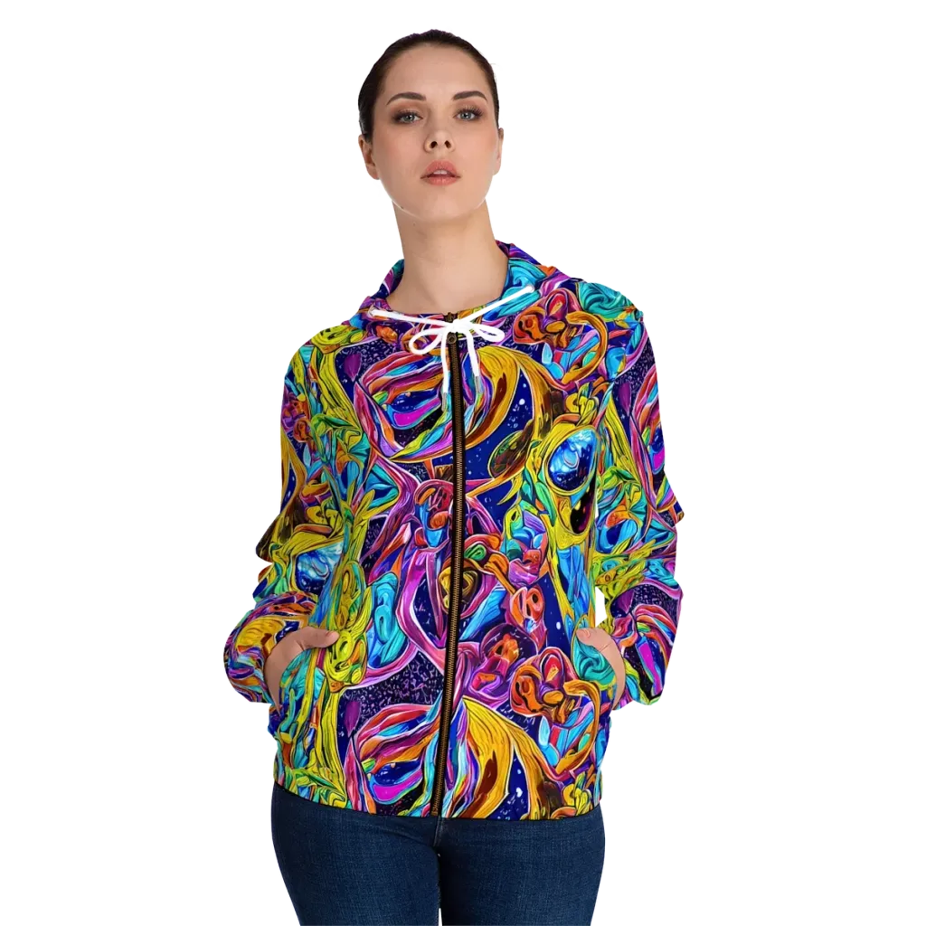 Electric Petal Storm on Women's Full-Zip Hoodie — Front On Person