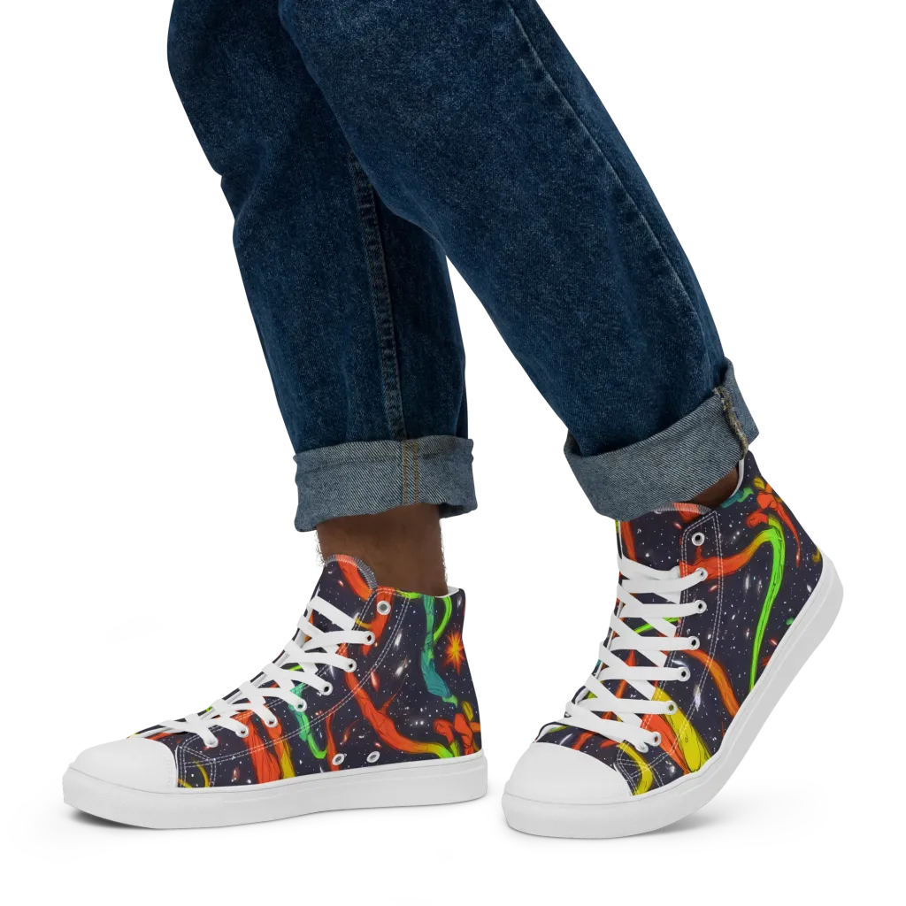 Cosmic Ribbon Riot on Men's High Top Canvas Shoes — Left