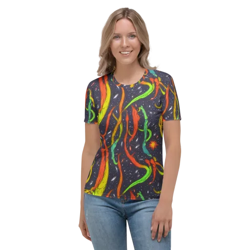 Cosmic Ribbon Riot on a Women's Crew Neck T-Shirt