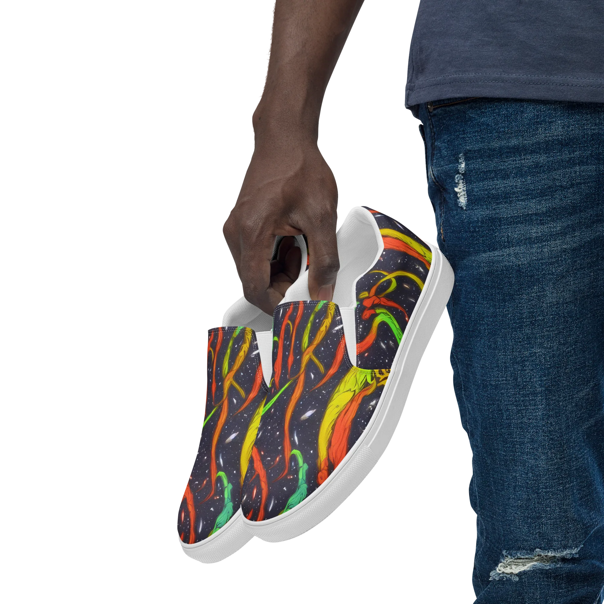 Cosmic Ribbon Riot on Men's Slip-On Canvas Shoes — Left Front
