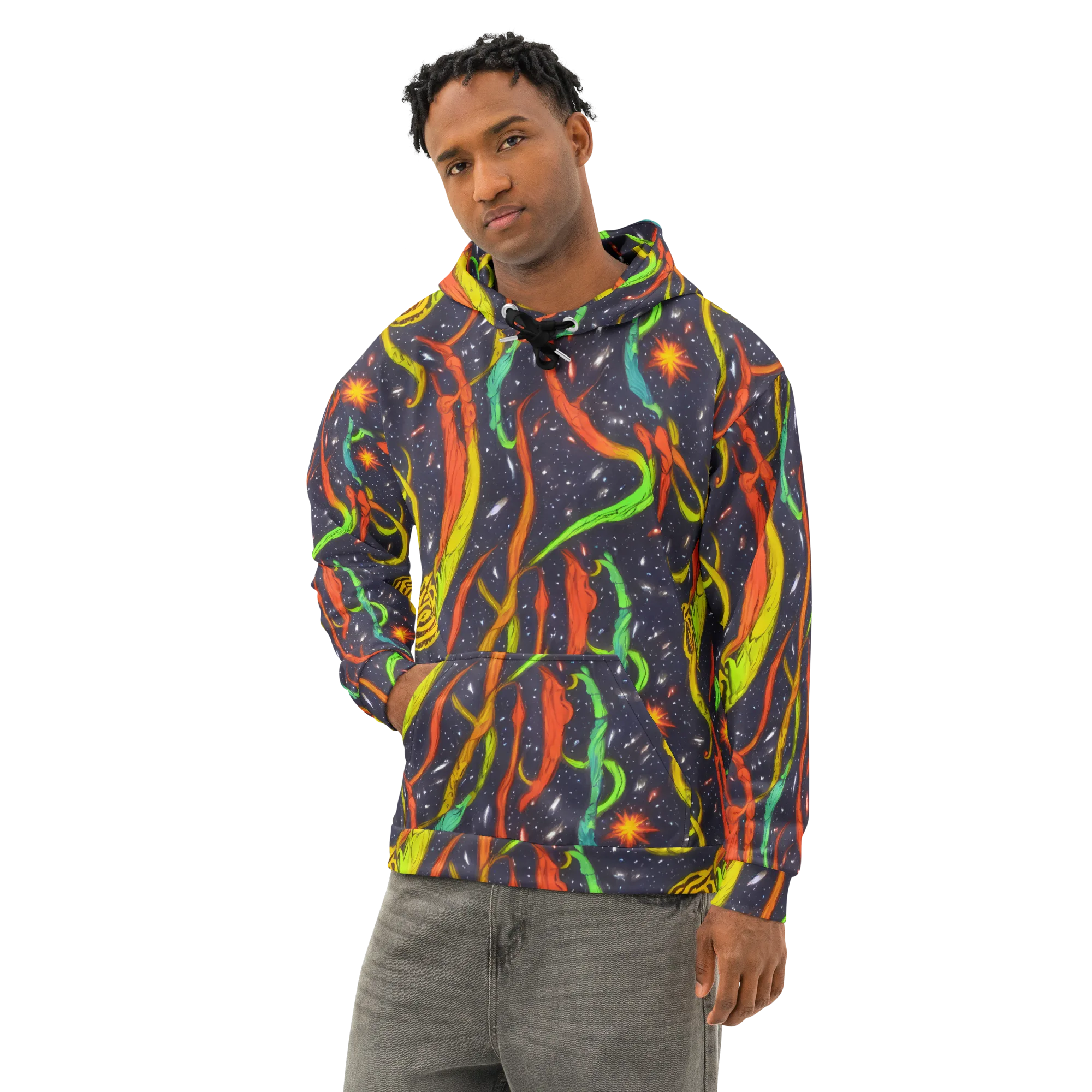 Cosmic Ribbon Riot on Cotton Hoodie — Left Front