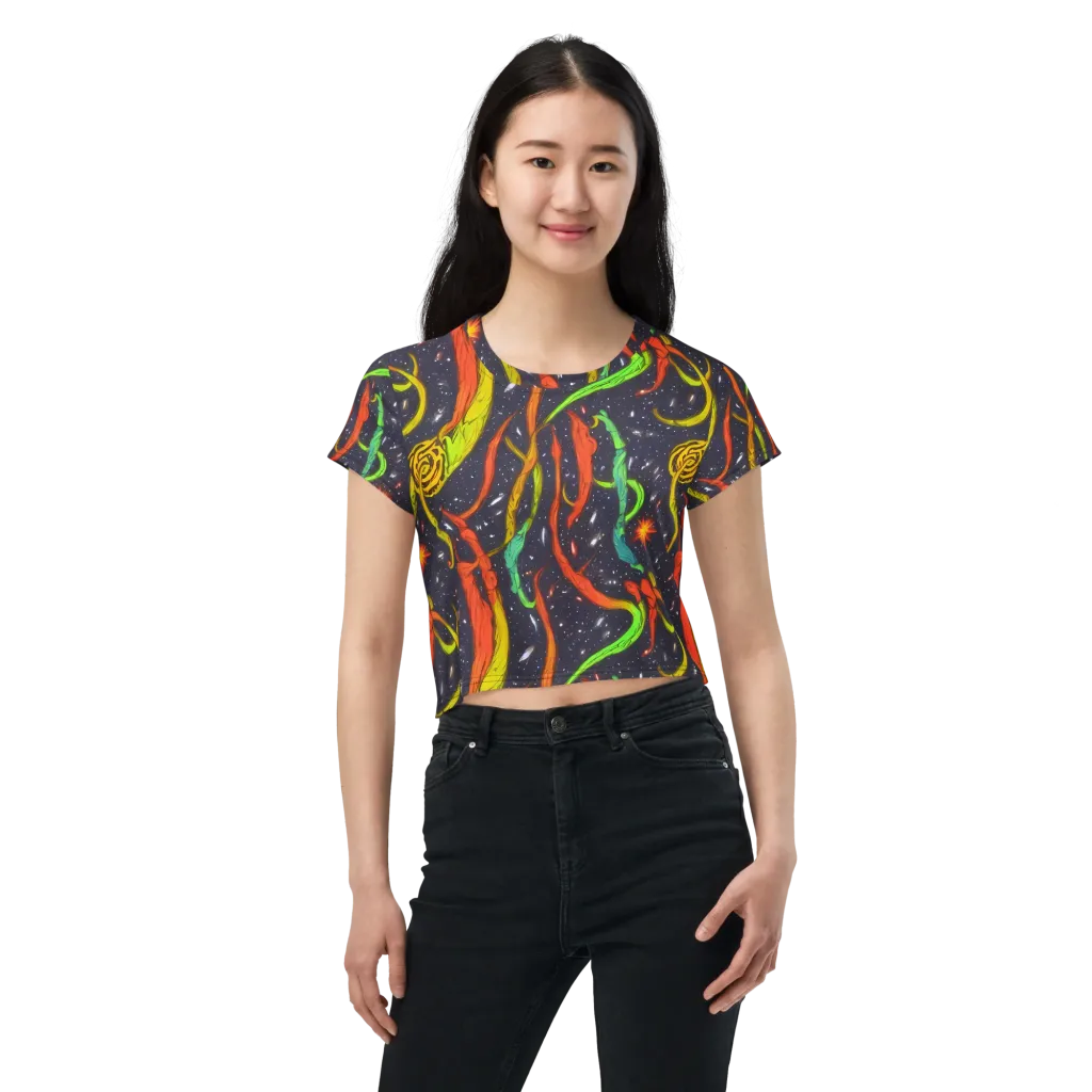 Cosmic Ribbon Riot on Crop Tee — Front