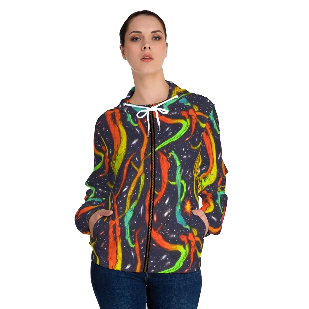 Cosmic Ribbon Riot on Women's Full-Zip Hoodie — Front On Person