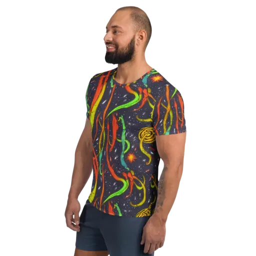 Cosmic Ribbon Riot on a Men's Athletic T-Shirt