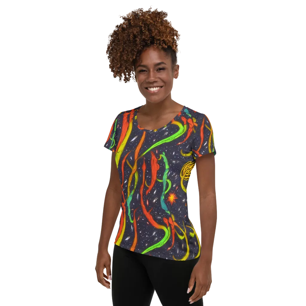 Cosmic Ribbon Riot on Women's Athletic T-Shirt — Left