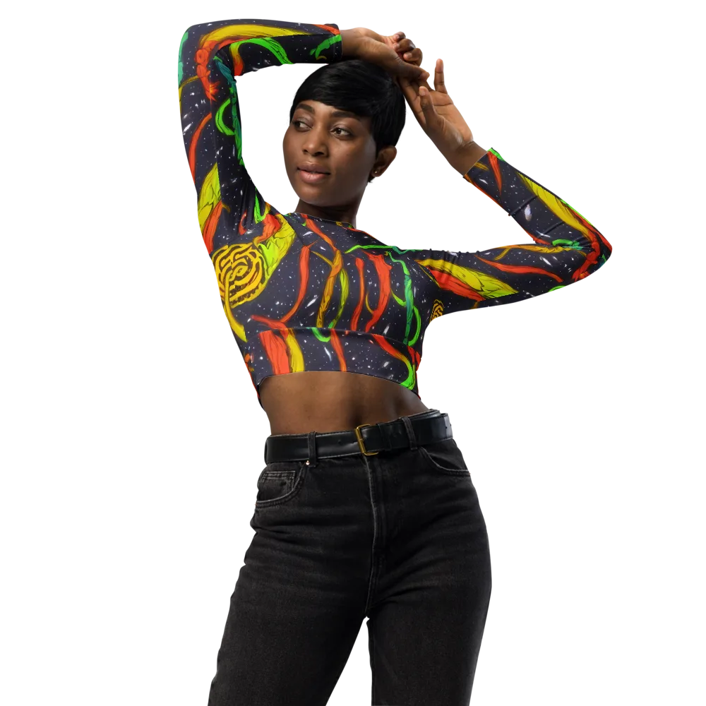 Cosmic Ribbon Riot on Long Sleeve Crop Top — Front