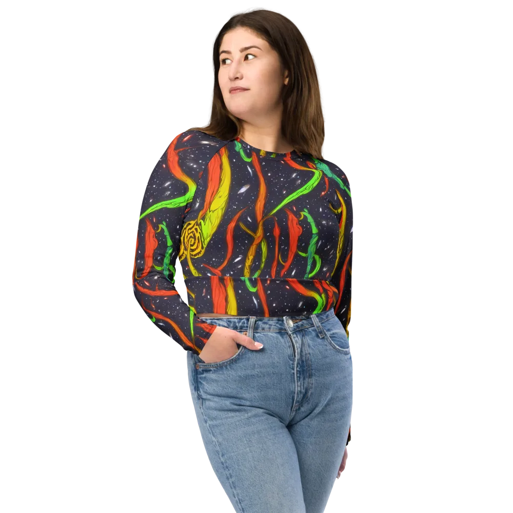 Cosmic Ribbon Riot on Long Sleeve Crop Top — Front