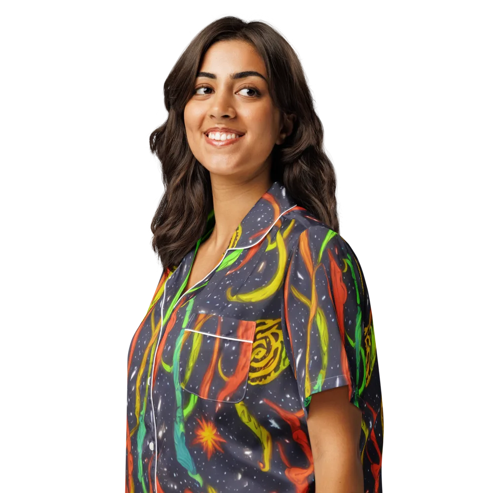 Cosmic Ribbon Riot on Women's Short Sleeve Pajama Top — Left Front