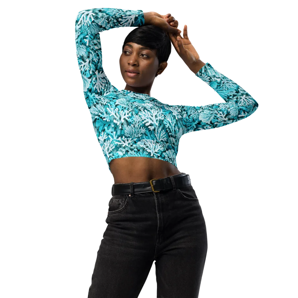 Aqua Garden on Long Sleeve Crop Top — Front
