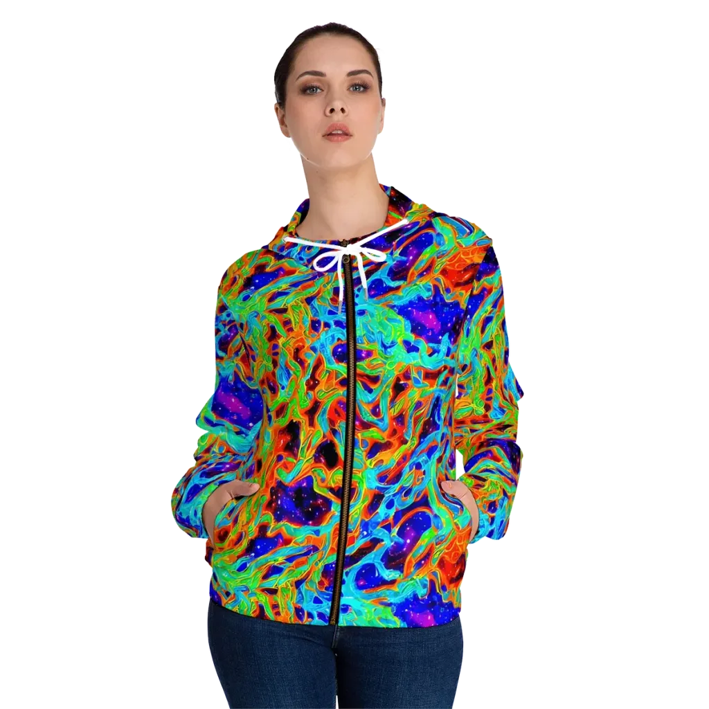 Inferno Galaxy on Women's Full-Zip Hoodie — Front On Person
