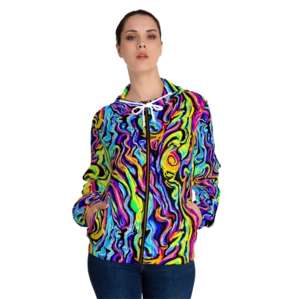 Fuchsia Circuit on Women's Full-Zip Hoodie — Front On Person