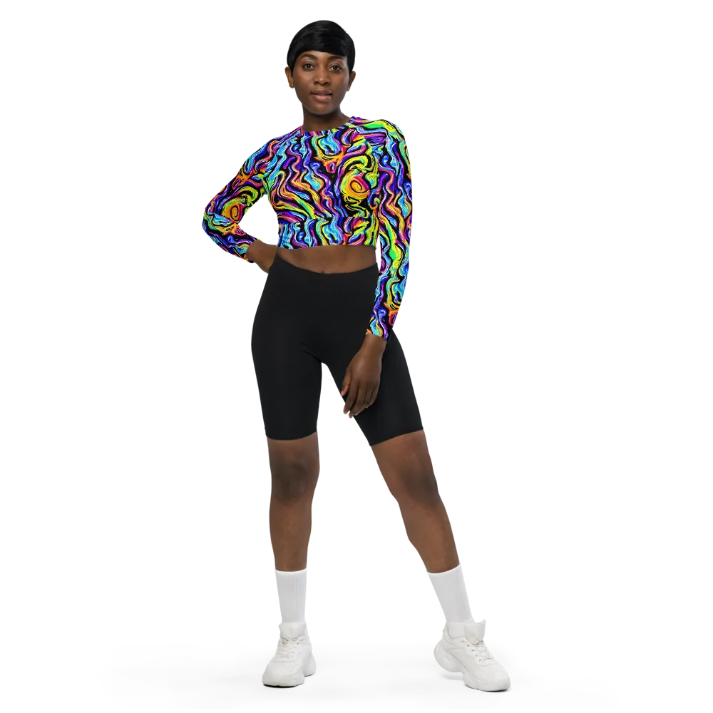 Fuchsia Circuit on Long Sleeve Crop Top — Front