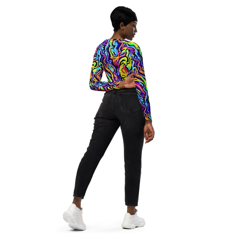 Fuchsia Circuit on Long Sleeve Crop Top — Right Back