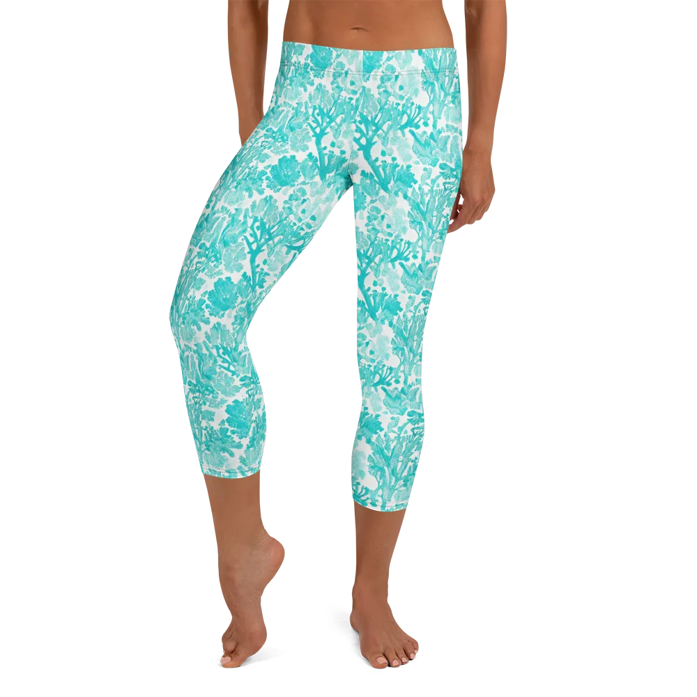 Turquoise Tangle on Capri Leggings — Front
