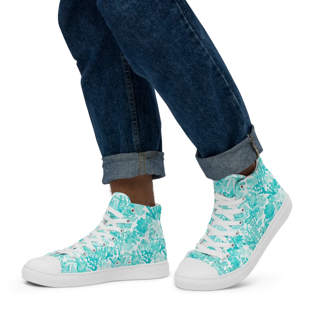 Turquoise Tangle on Men's High Top Canvas Shoes — Left