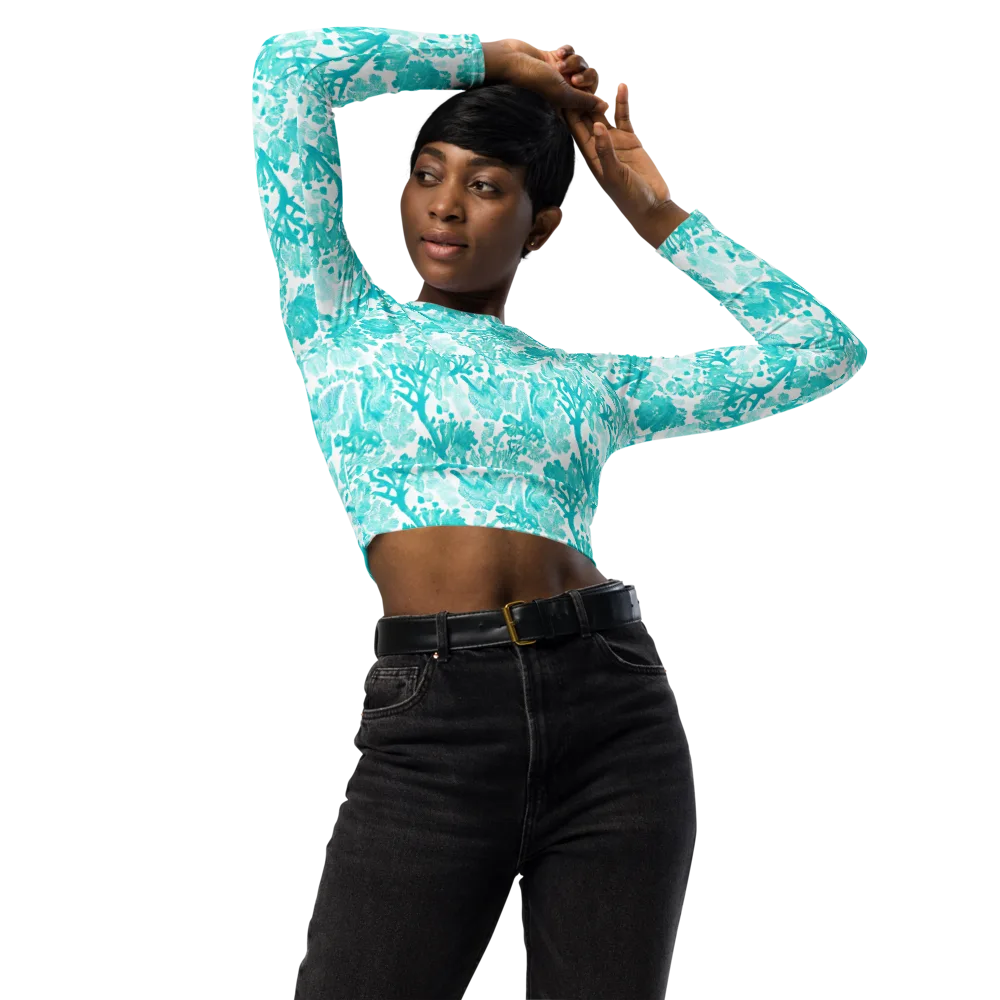 Turquoise Tangle on Long Sleeve Crop Top — Front