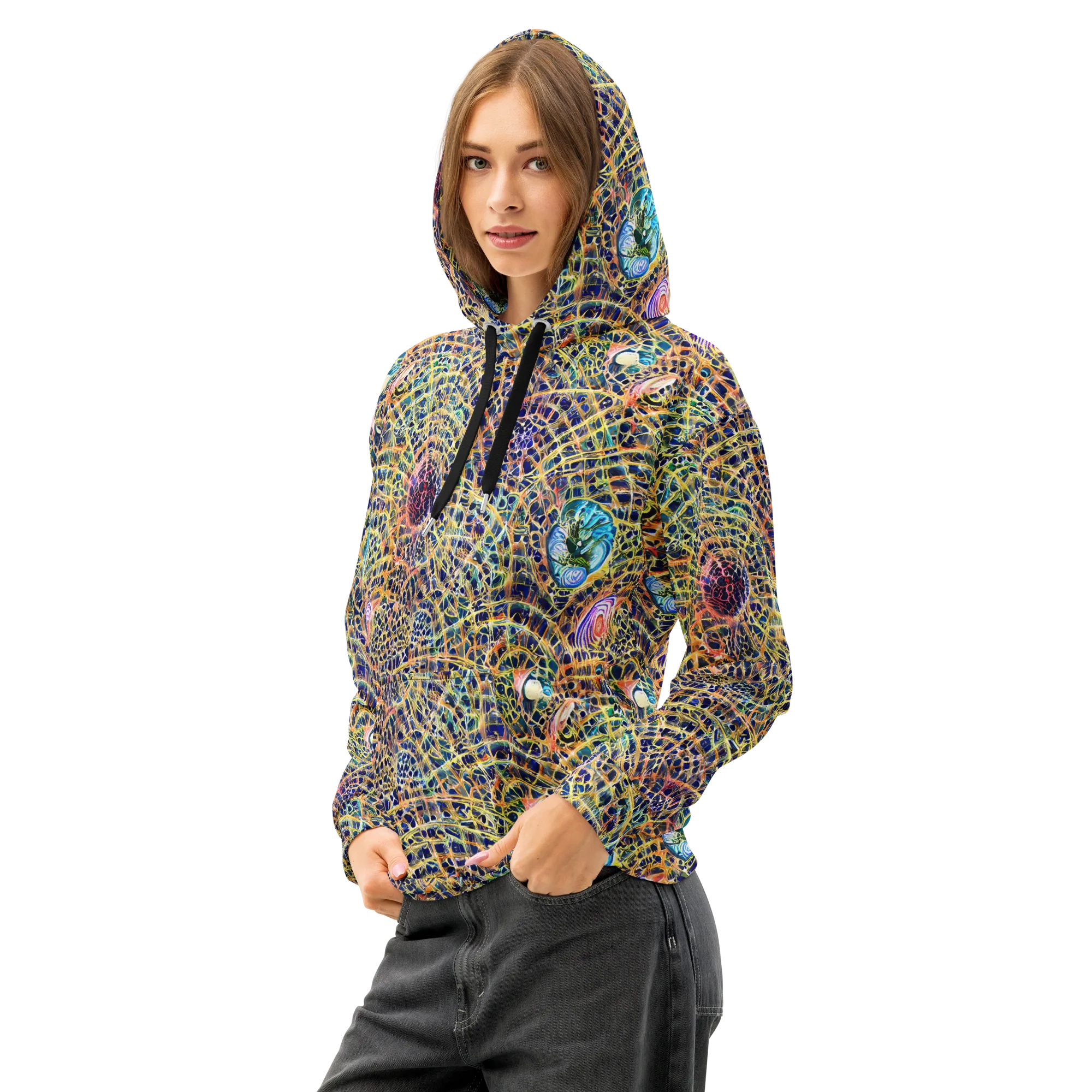 Kaleidoscopic Circuit on Cotton Hoodie — Left Front