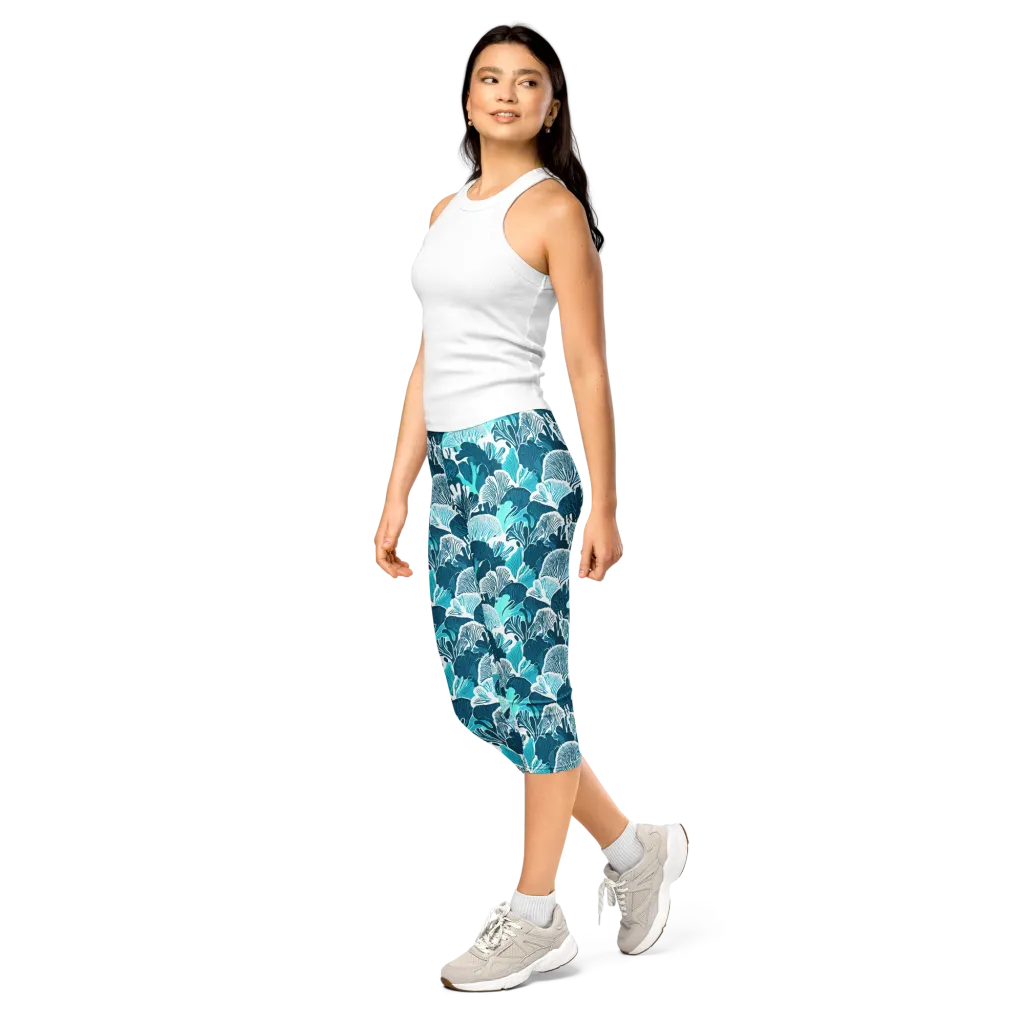 Aqua Fanfare on Capri Leggings — Left Front