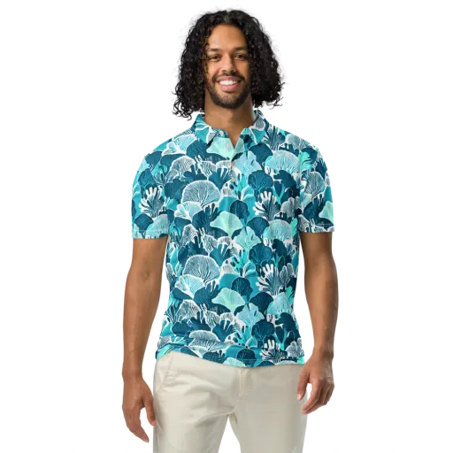 Aqua Fanfare on a Men's Slim Fit Polo Shirt