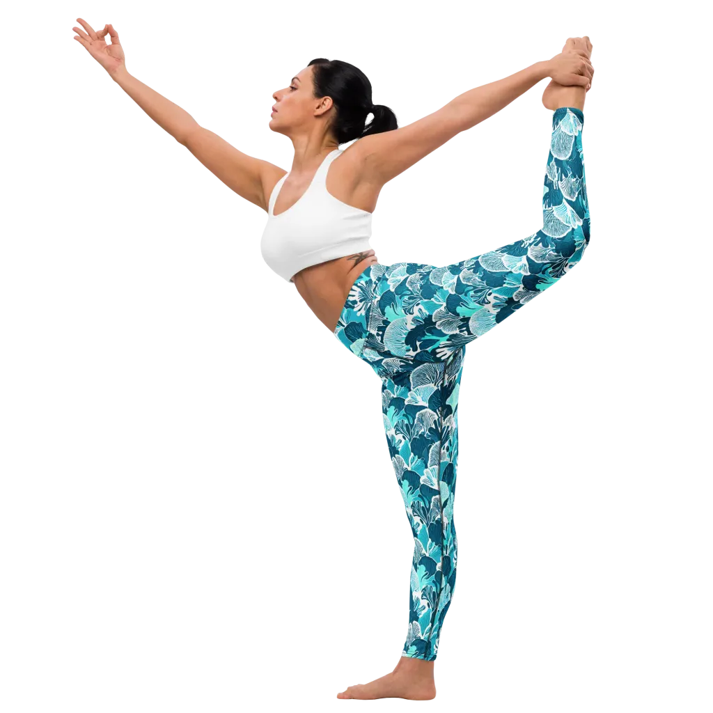 Aqua Fanfare on Yoga Leggings — Left