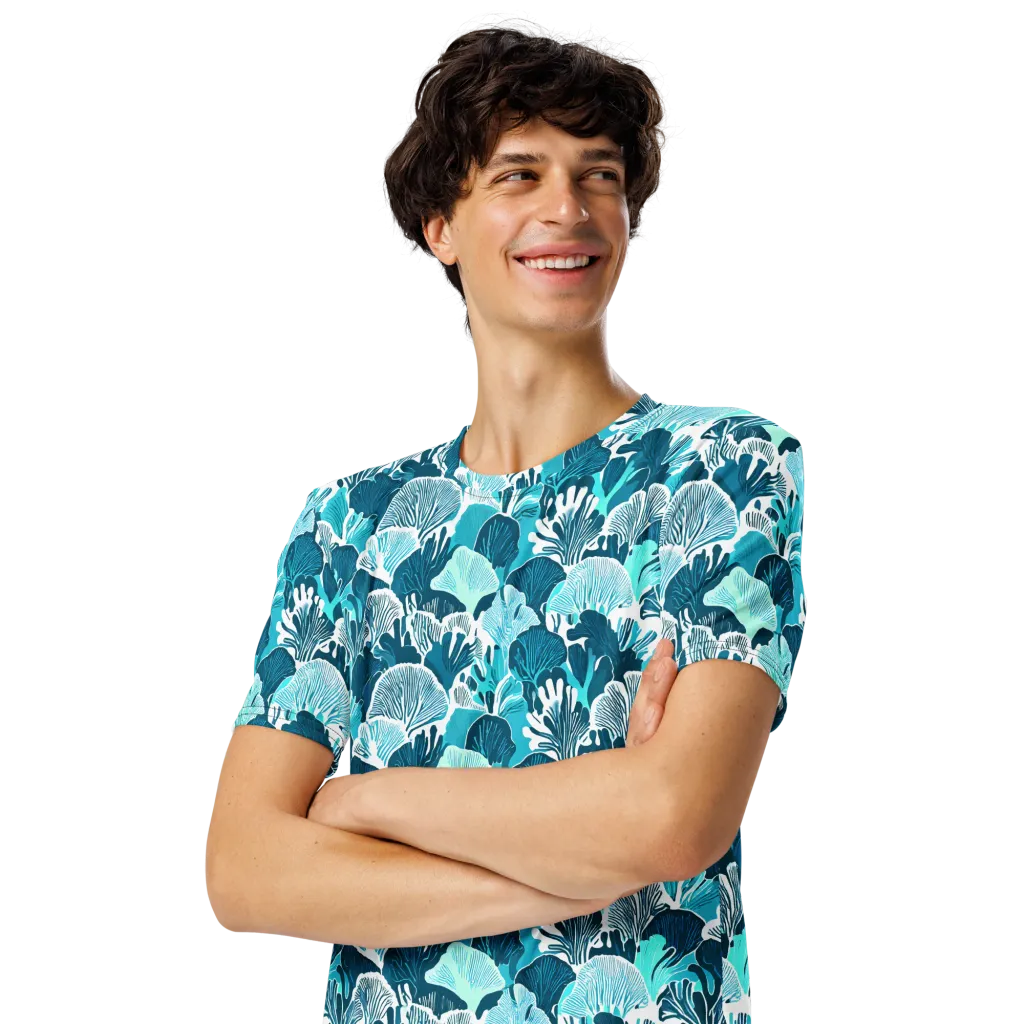 Aqua Fanfare on Men's Crew Neck T-Shirt — Left Front