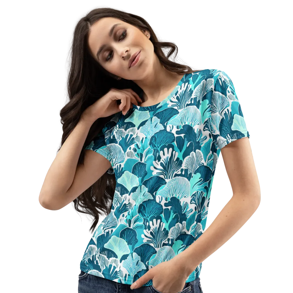 Aqua Fanfare on Women's Crew Neck T-Shirt — Left Front