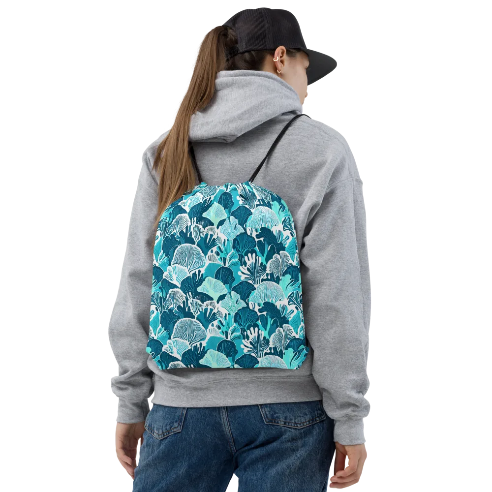 Aqua Fanfare on Drawstring Bag — Front