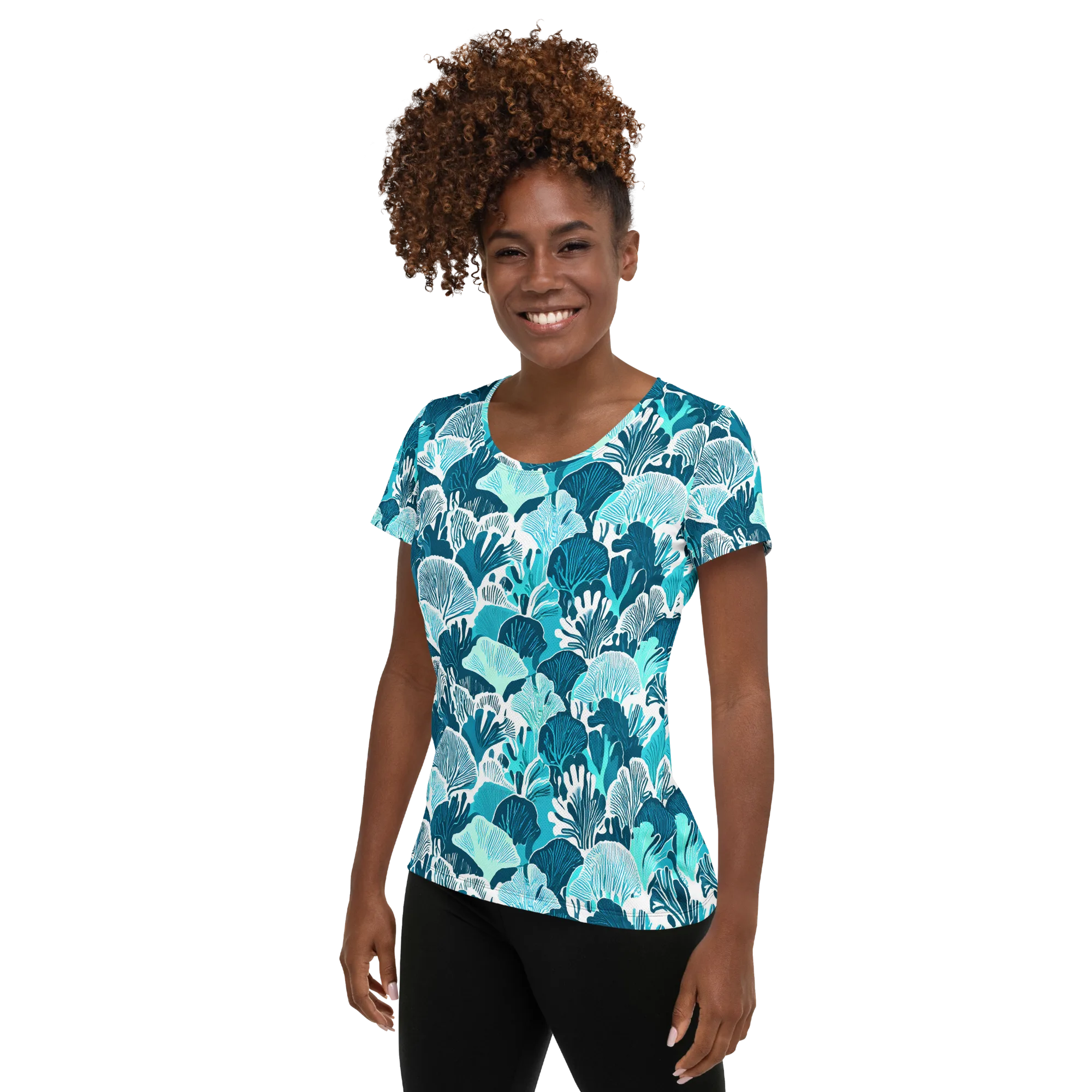 Aqua Fanfare on Women's Athletic T-Shirt — Left