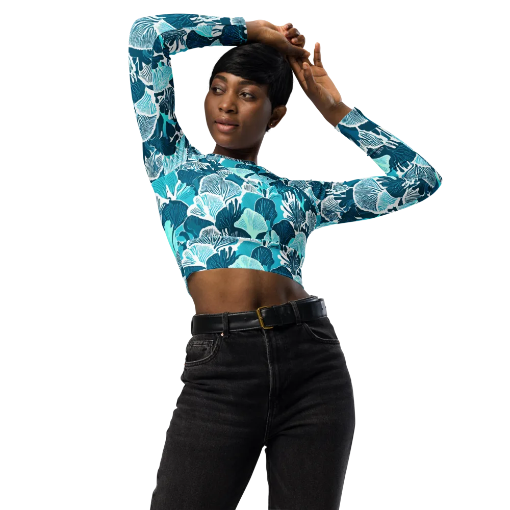Aqua Fanfare on Long Sleeve Crop Top — Front
