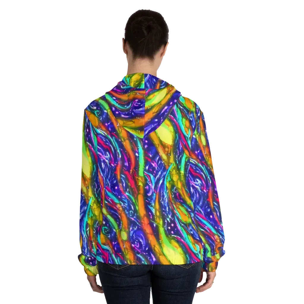 Electric Pour on Women's Full-Zip Hoodie — Back On Person