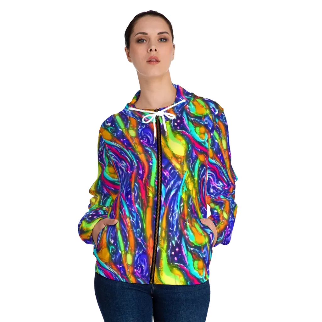 Electric Pour on Women's Full-Zip Hoodie — Front On Person