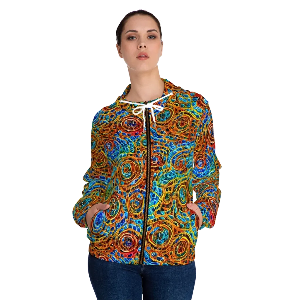 Electric Mandala on Women's Full-Zip Hoodie — Front On Person
