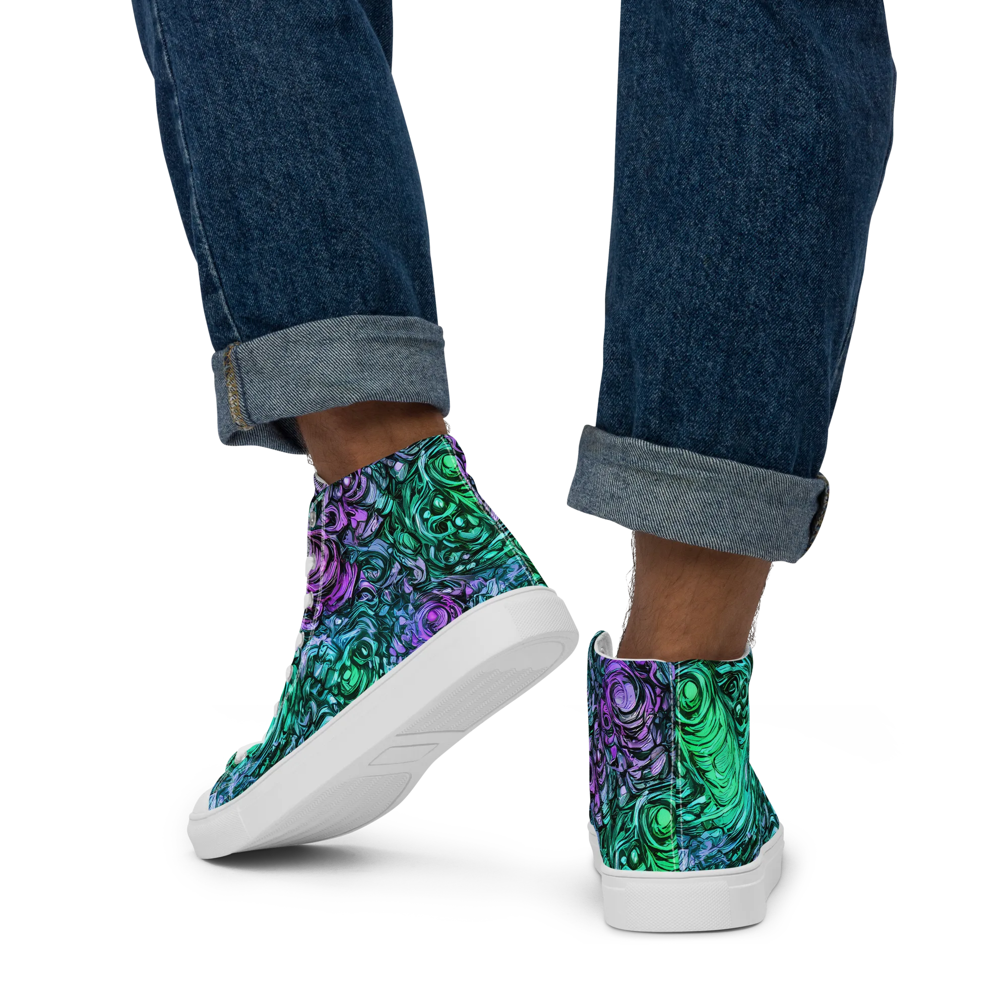 Neon Midnight Garden on Men's High Top Canvas Shoes — Back