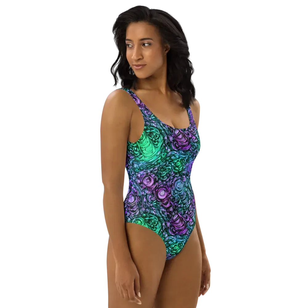 Neon Midnight Garden on One-Piece Swimsuit — Right