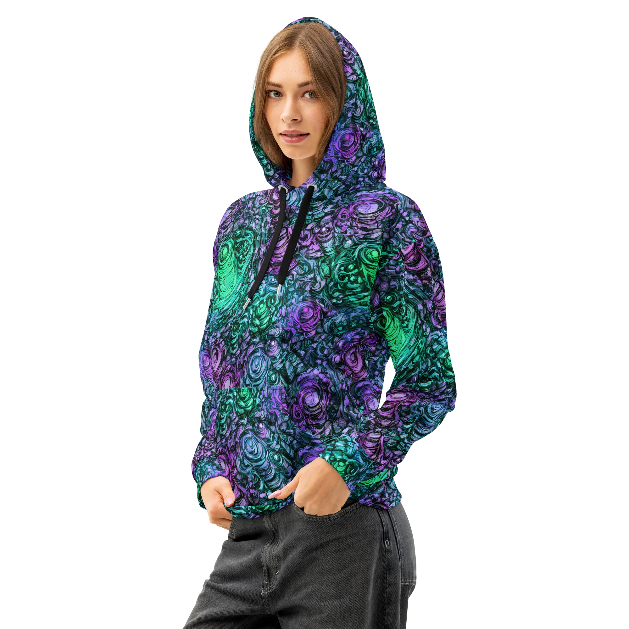 Neon Midnight Garden on Cotton Hoodie — Left Front
